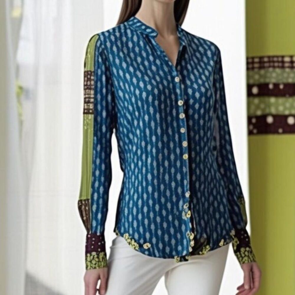 Anac by Kimi Asymmetrical Chic Art-to-Wear Long Paisley V-Neck Mesh Tunic Top XL